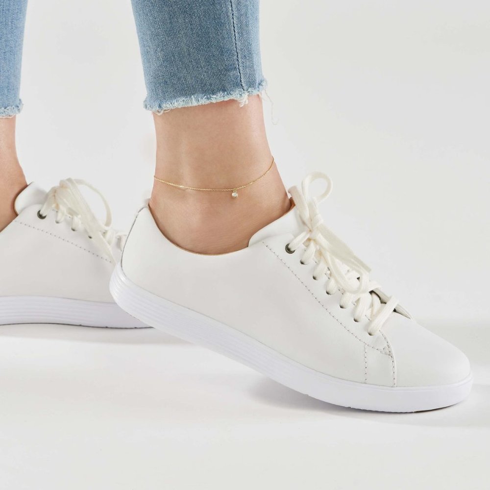 14K Solid Gold Bezel Dangle Diamond Ankle Bracelet Anklet